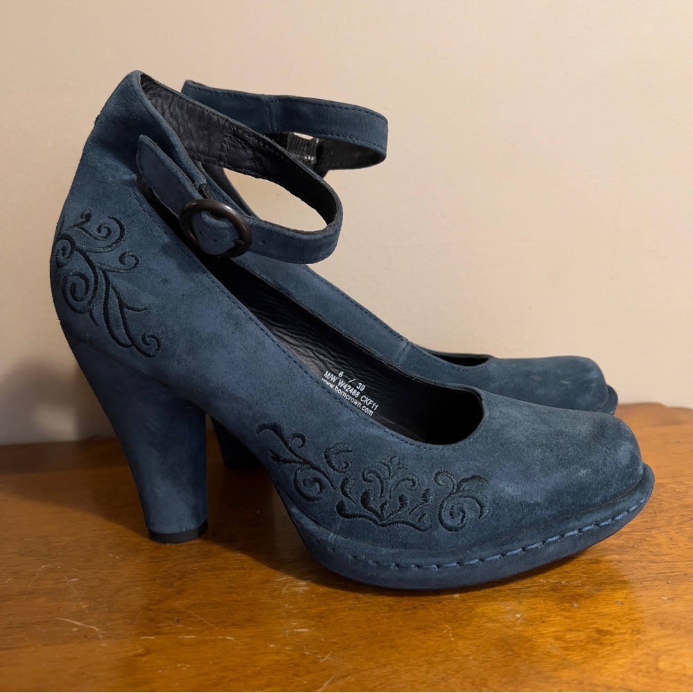 Born Crown Silvana Blue Suede Ankle Strap Heel Shoes size 8/39